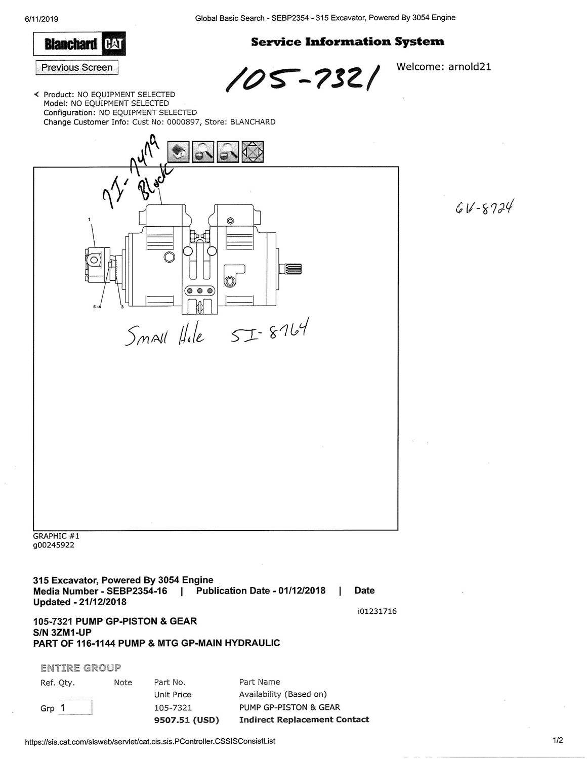Caterpillar 315 317 315L Main  Hydraulic Pump