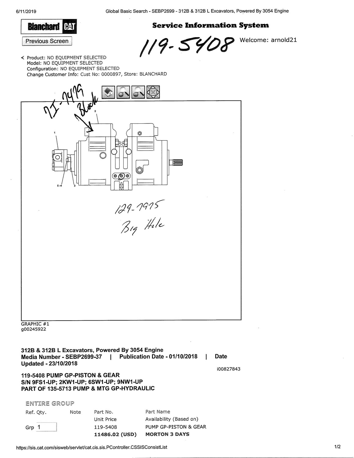 Caterpillar 312B & BL Main  Hydraulic Pump