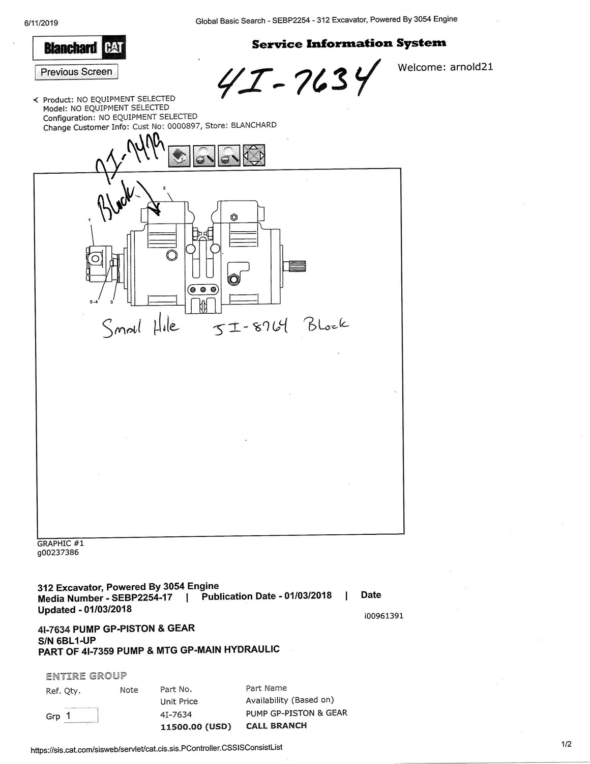 Caterpillar 312 Main  Hydraulic Pump
