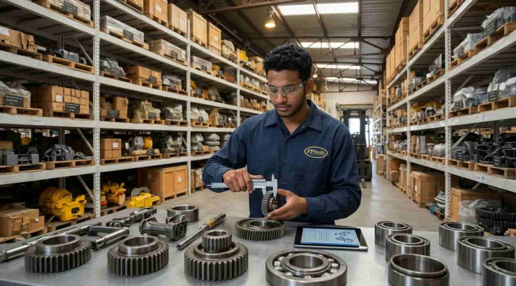 FP Smith Parts team inspecting and preparing quality used heavy equipment components from machines dismantled in our yard