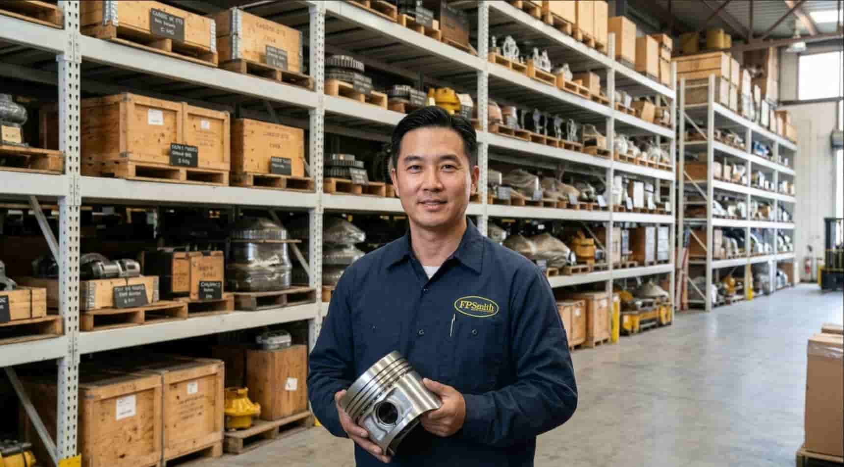 FP Smith Parts large physical inventory of Komatsu undercarriage, engines, hydraulics and more